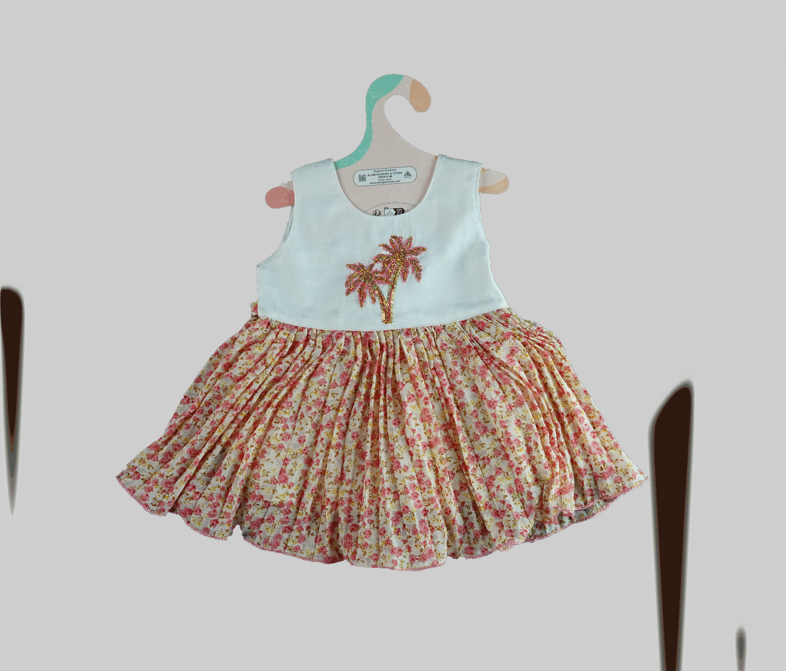 Floral Skirt Baby Girl Dress with Palm Tree Embroidery – 2 Piece Set