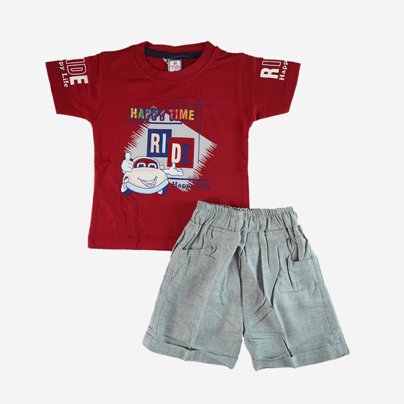 Boys’ Red “Happy Time Ride” T-Shirt & Grey Shorts Set