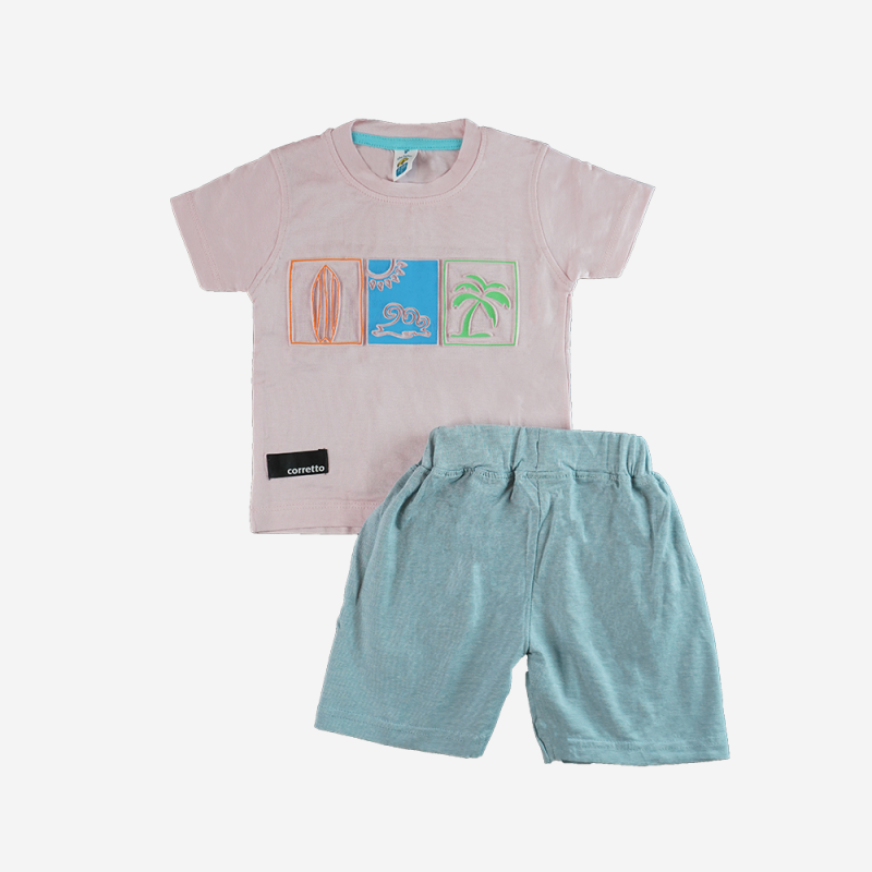 Boys’ Summer Casual Pink T-Shirt & Mint Shorts Set