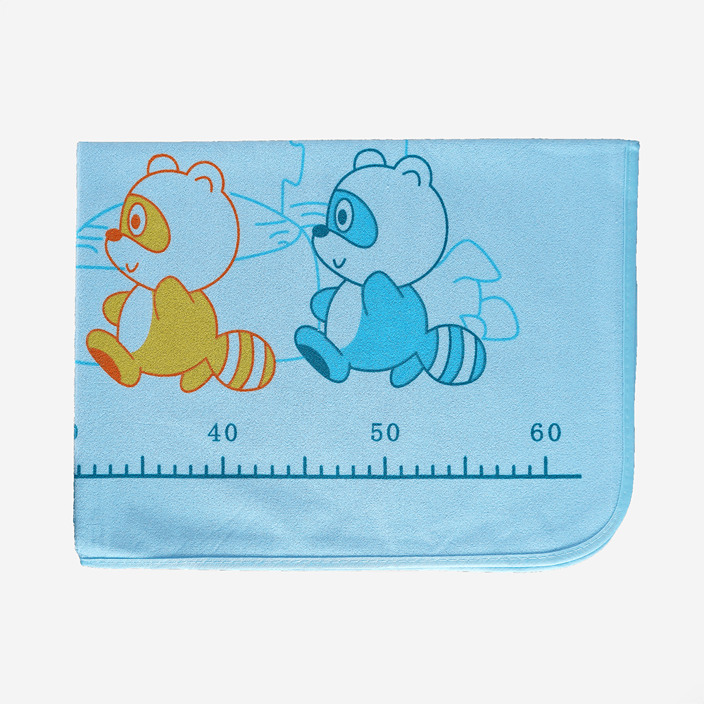 Baby Bed Protector Mat (Urine Mat) – Waterproof & Washable – Sky Blue (Twin Raccoon & Ruler Print)
