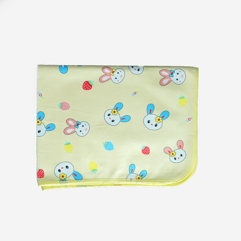 Baby Bed Protector Mat (Urine Mat) – Waterproof & Washable – Pastel Yellow (Bunny & Strawberry Print)