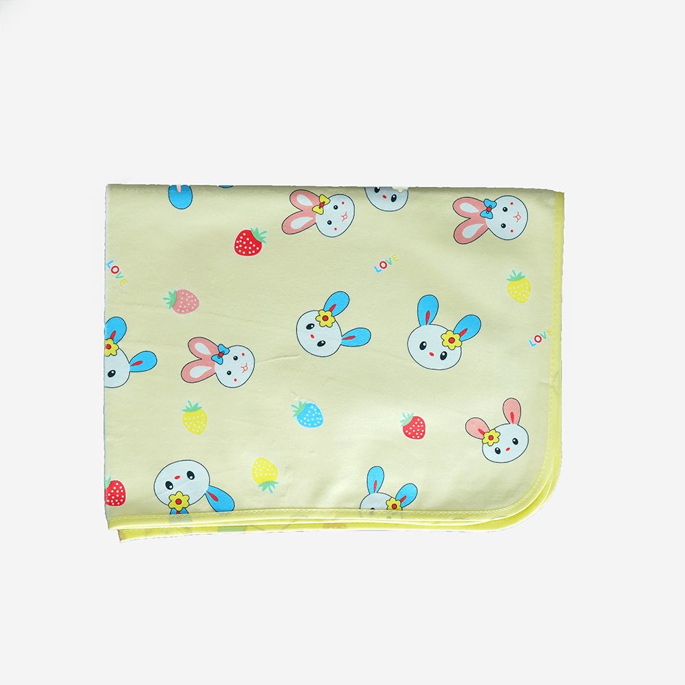 Baby Bed Protector Mat (Urine Mat) – Waterproof & Washable – Pastel Yellow (Bunny & Strawberry Print)