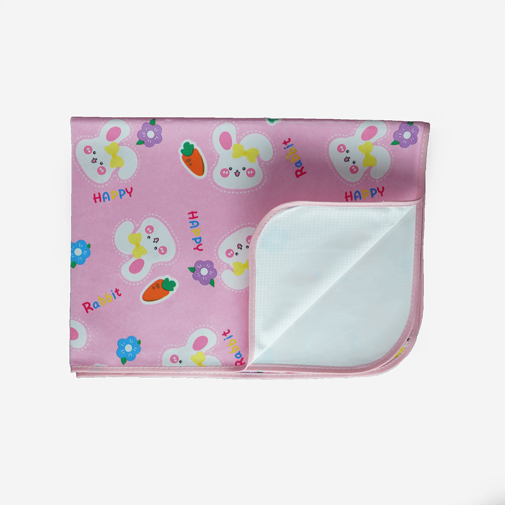 Baby Bed Protector Mat (Urine Mat) – Waterproof & Washable – Pink (Happy Rabbit & Carrot Print)