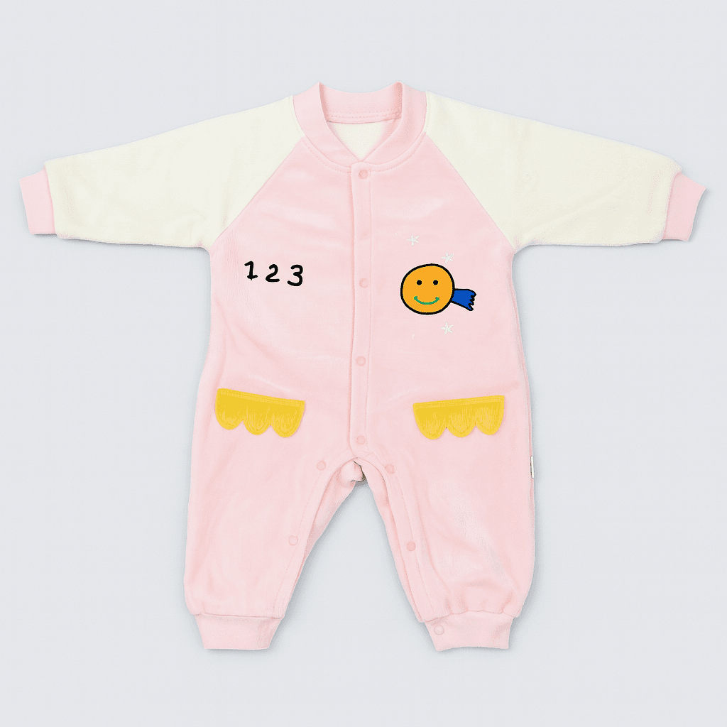 Baby Full Sleeve Romper – Pink & Cream (Smiley Design)