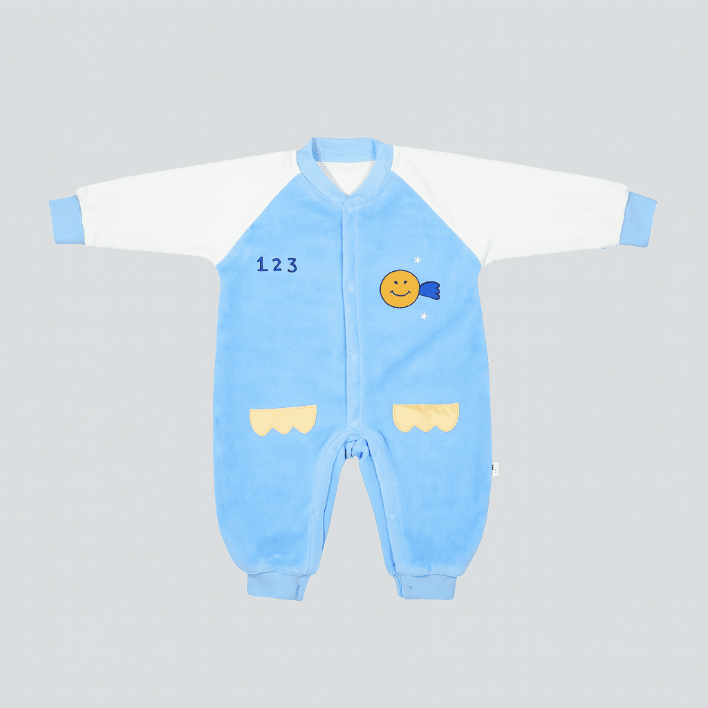 Baby Full Sleeve Romper – Sky Blue & White (Smiley Design)