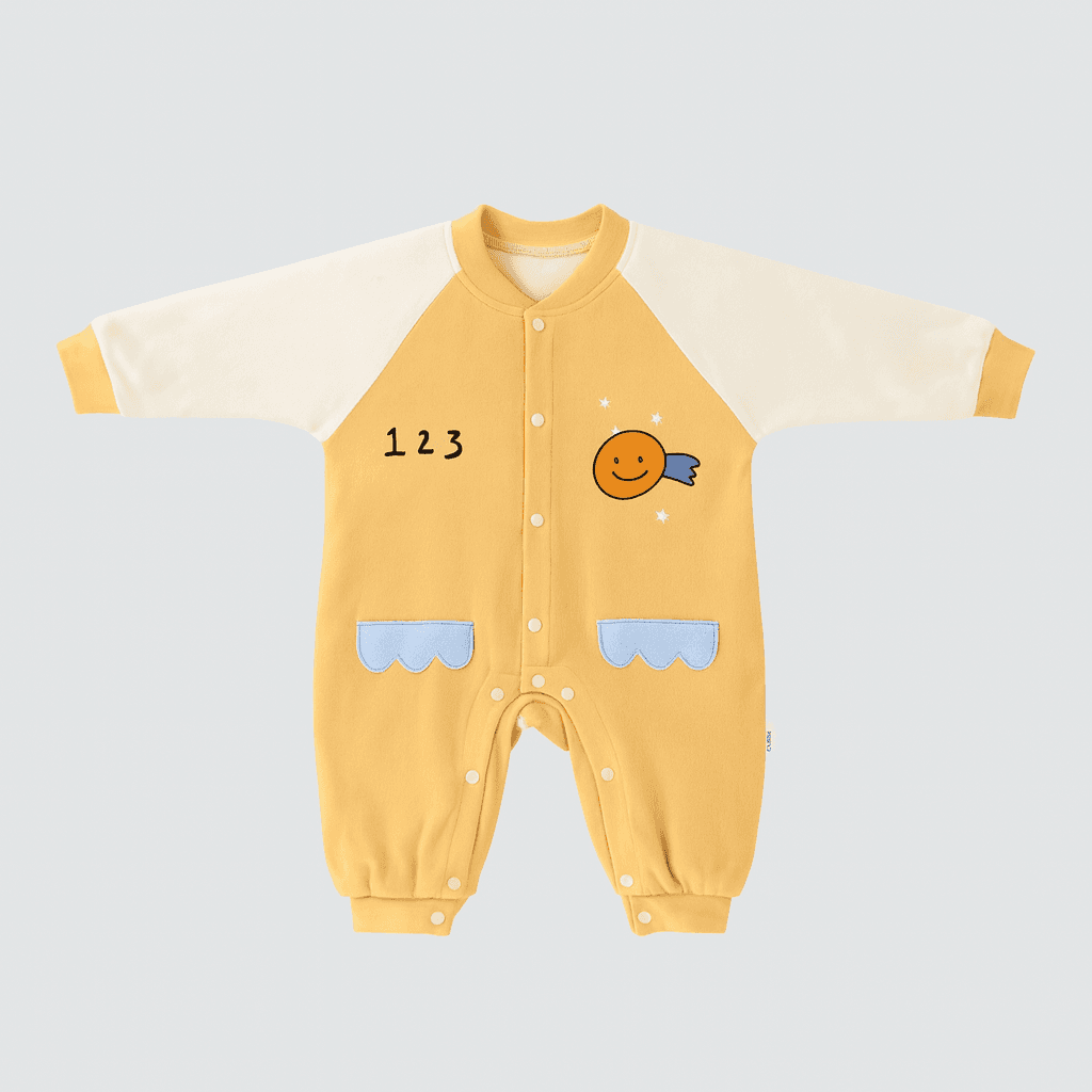 Baby Full Sleeve Romper – Yellow & Cream (Smiley Design)
