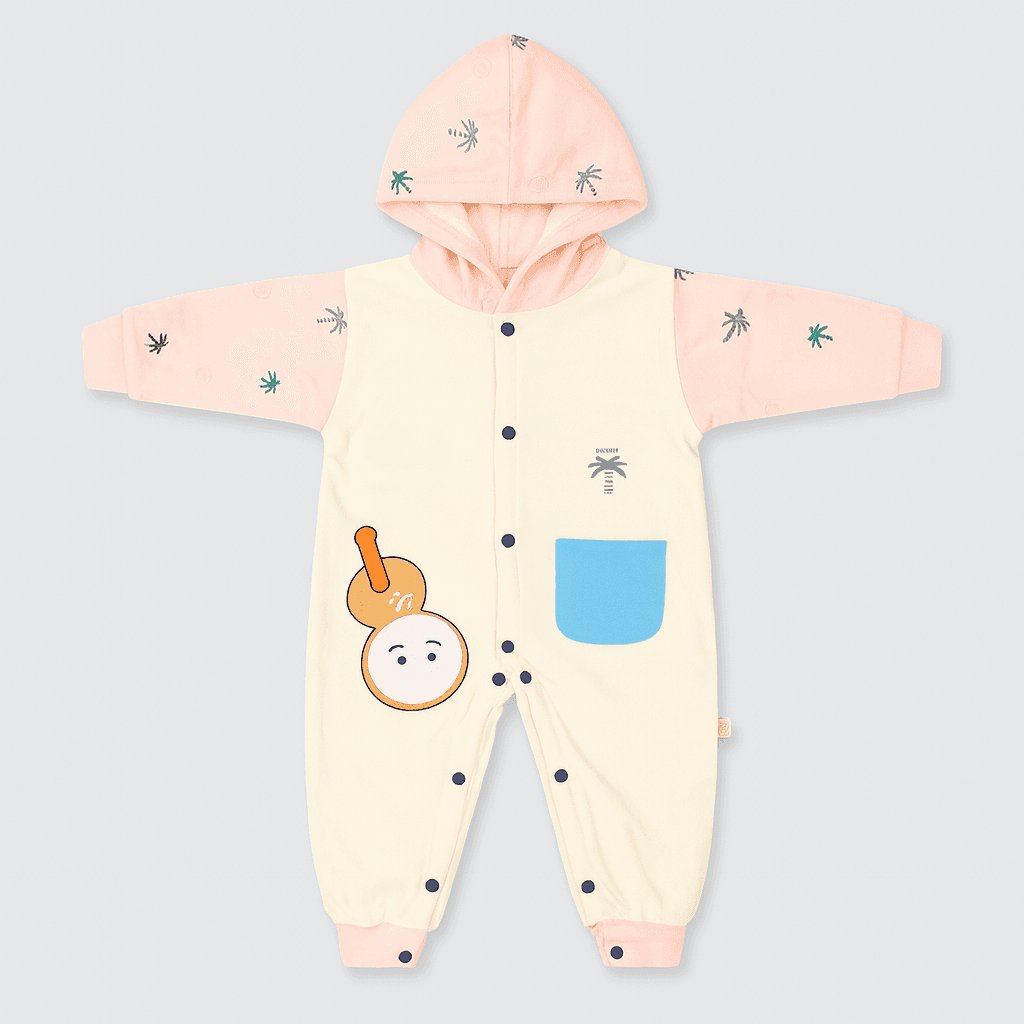 Baby Hooded Romper – Peach & Cream (Cartoon Design)