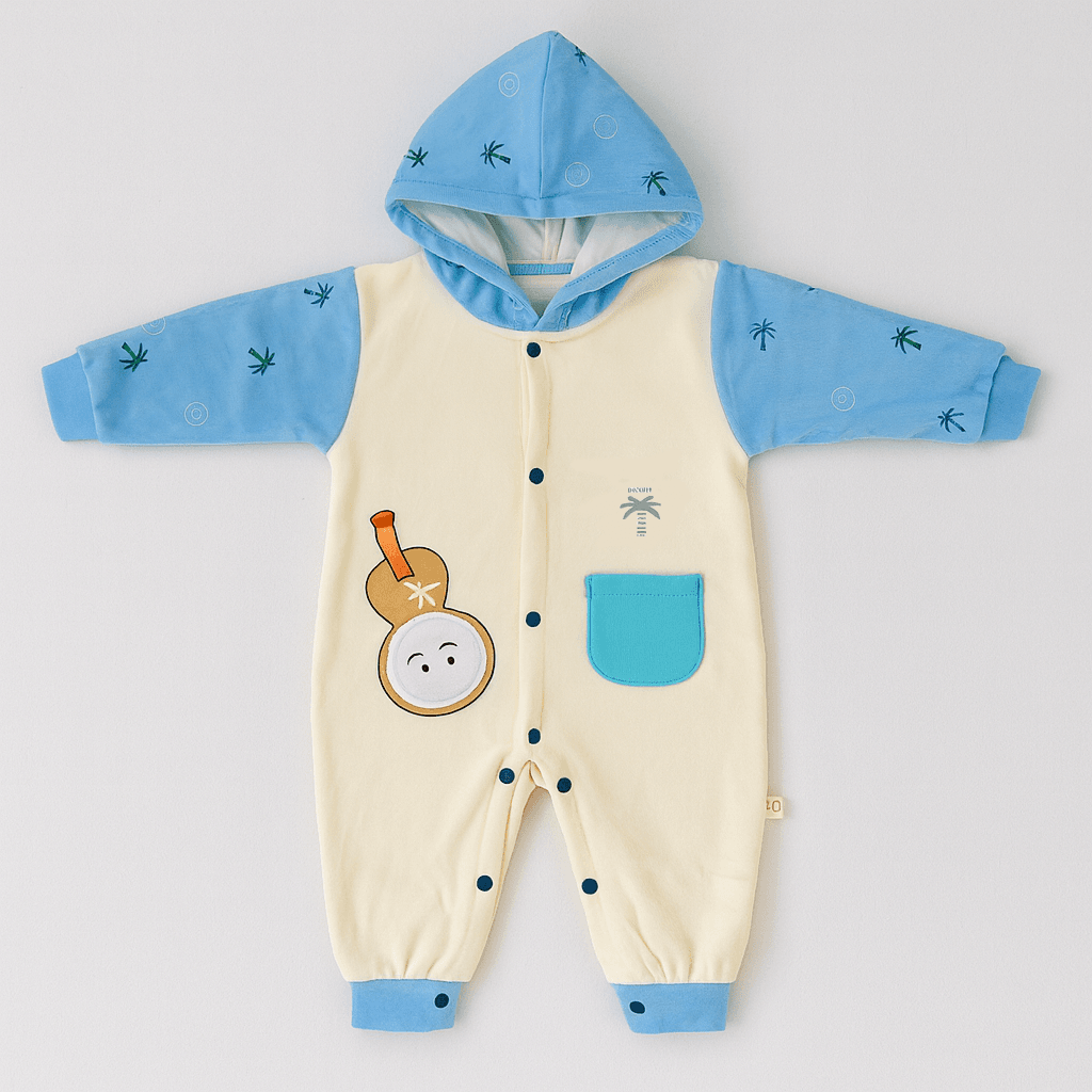 Baby Hooded Romper – Sky Blue & Cream (Cartoon Design)
