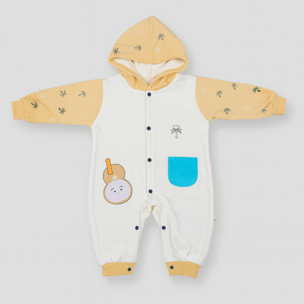 Baby Hooded Romper – Yellow & Cream (Cartoon Design)