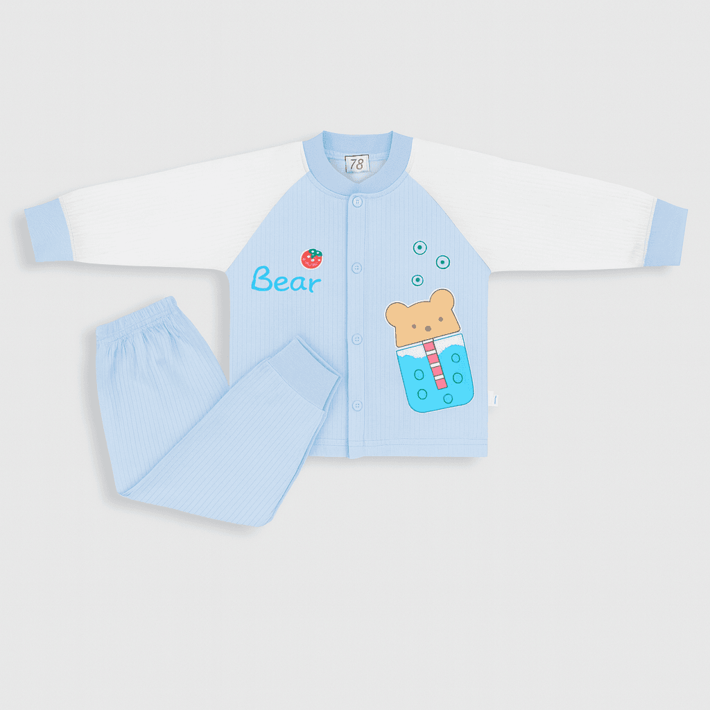Baby Winter Ribbed Suit – Sky Blue & White (Bear Design)