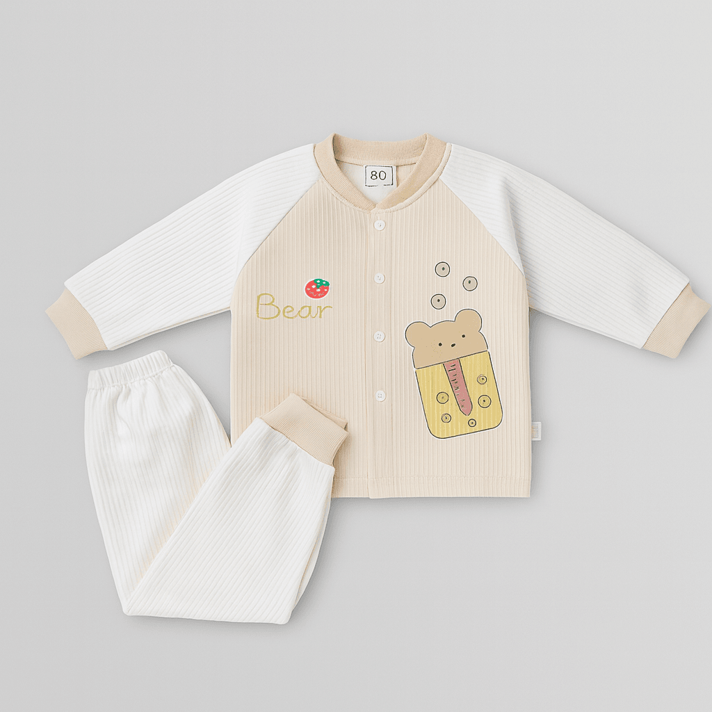 Baby Winter Ribbed Suit – Beige & White (Bear Design)