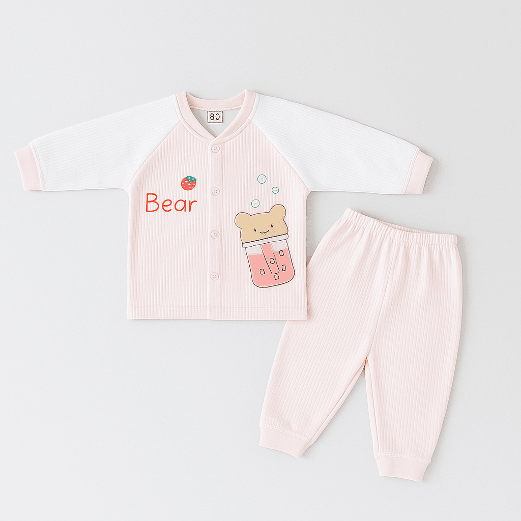 Baby Winter Ribbed Suit – Pink & White (Bear Design)
