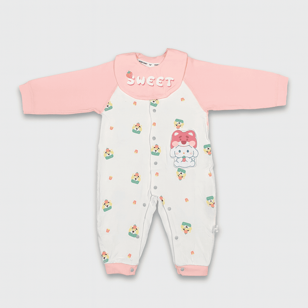 Baby Full Sleeve Romper – Pink & White (Sweet Cartoon Design)