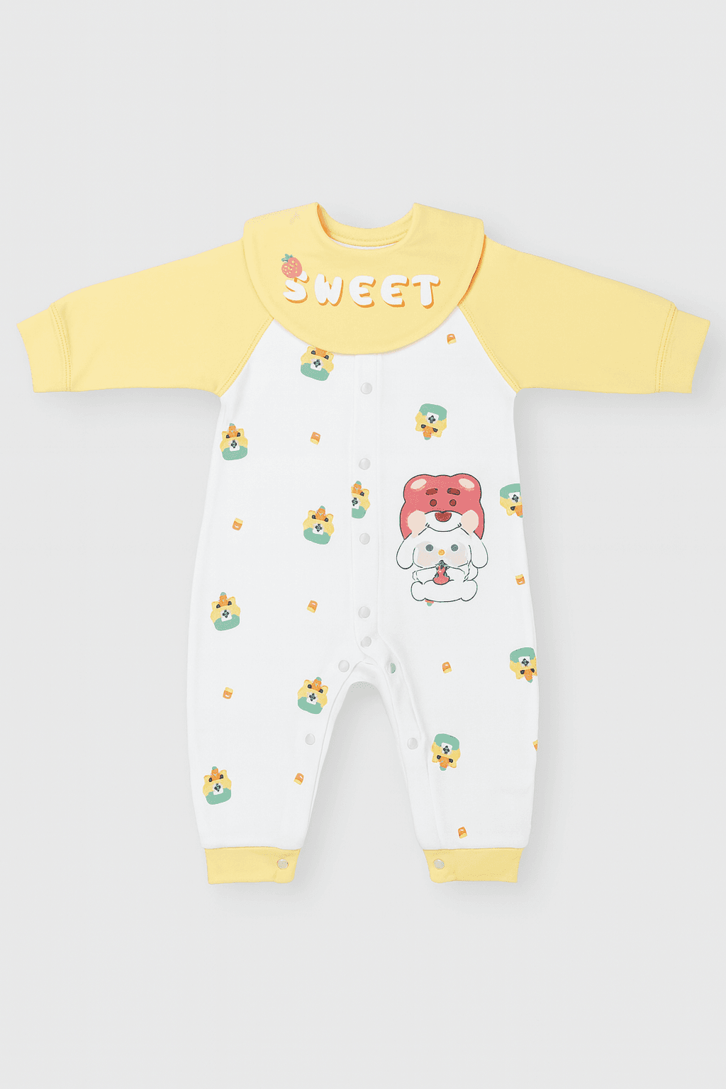 Baby Full Sleeve Romper – Yellow & White (Sweet Cartoon Design)