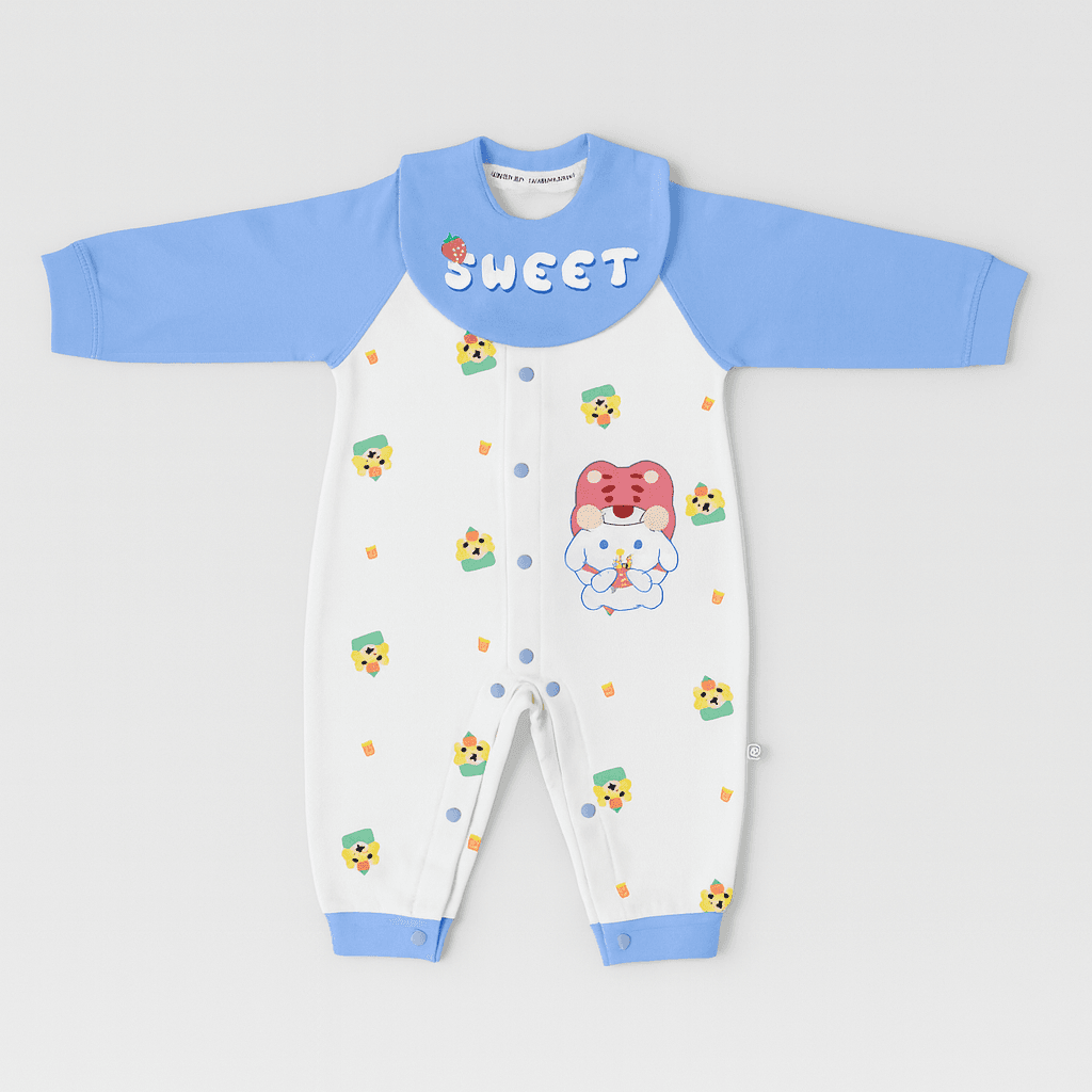 Baby Full Sleeve Romper – Sky Blue & White (Sweet Cartoon Design)