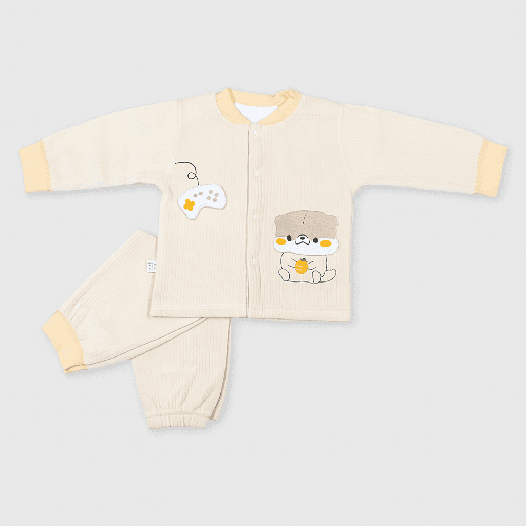 Baby Winter Ribbed Suit – Cream & Yellow (Puppy Design)