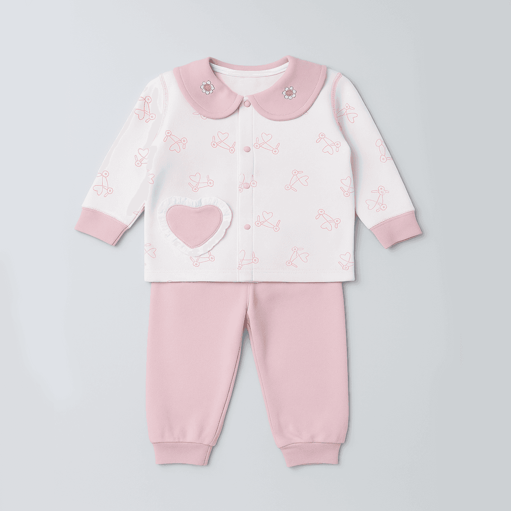 Pink Heart Signed Baby Winter Set – Soft Cotton Two-Piece Outfit for Girls
