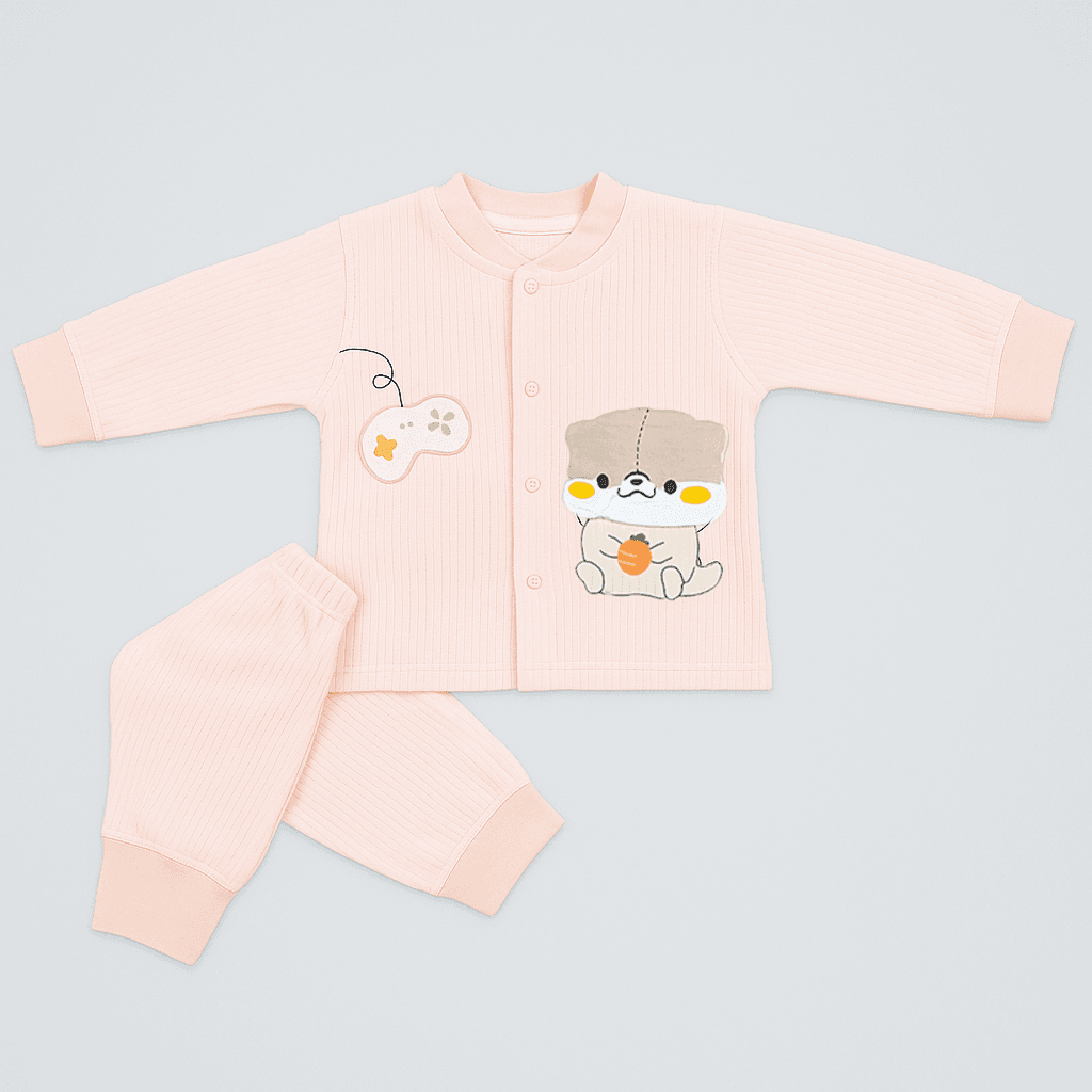 Baby Winter Ribbed Suit – Pink & Cream (Puppy Design)