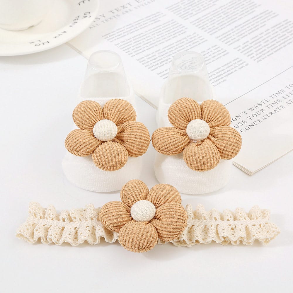 Dispensing non-slip floor socks 0-1 year old flower socks hair band set