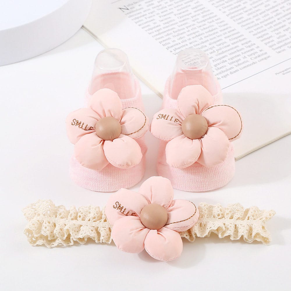 Dispensing non-slip floor socks 0-1 year old flower socks hair band set