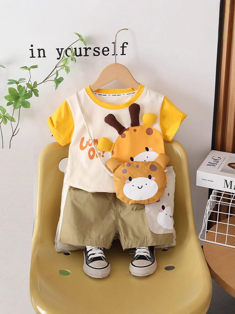 Cartoon Shoulder Bag Short-Sleeved Two-Piece Baby Clothes