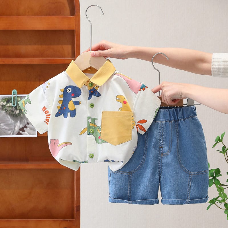 Western-Style Boys' Color-Blocked Collar Shirt Short-Sleeved Two-Piece Set