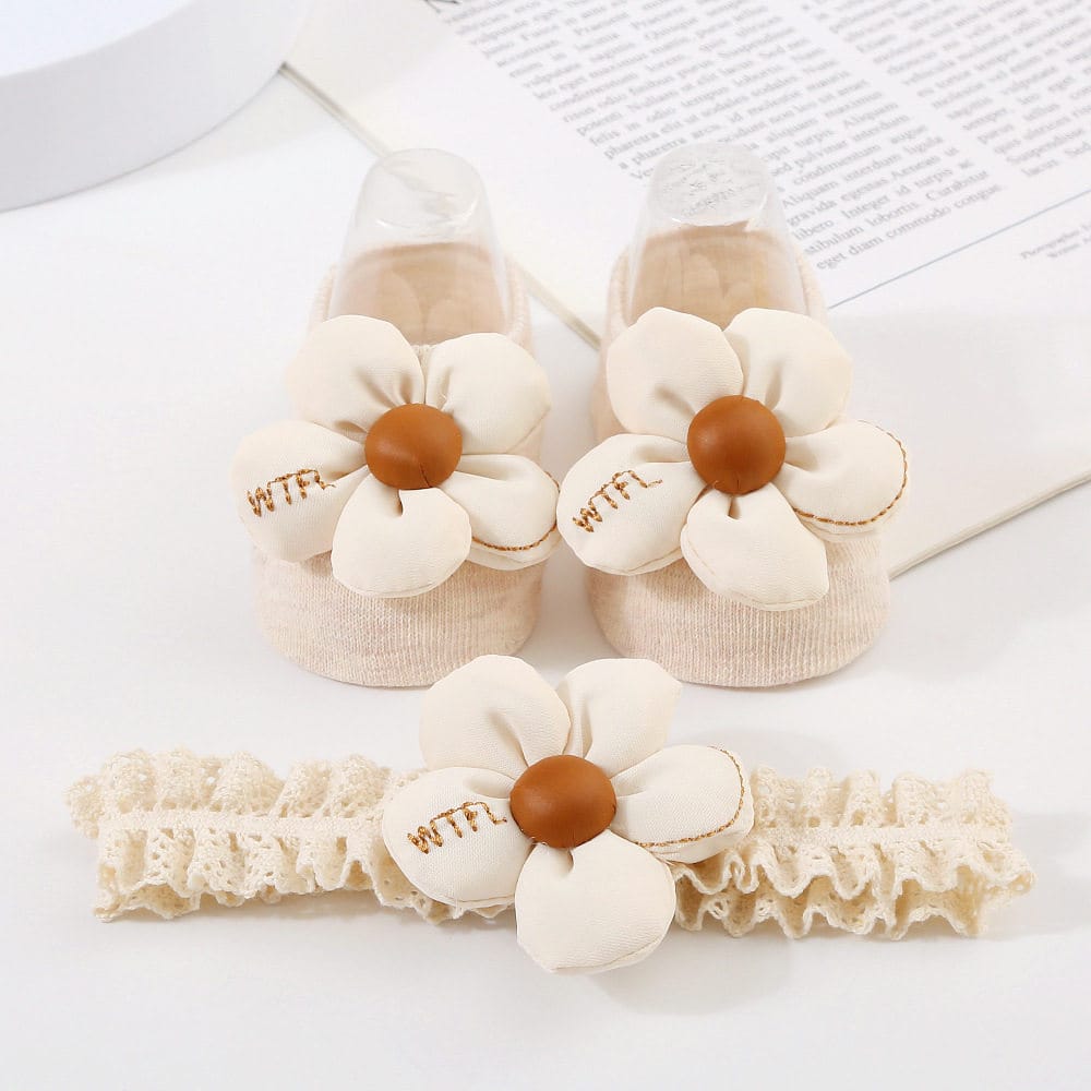Dispensing non-slip floor socks 0-1 year old flower socks hair band set