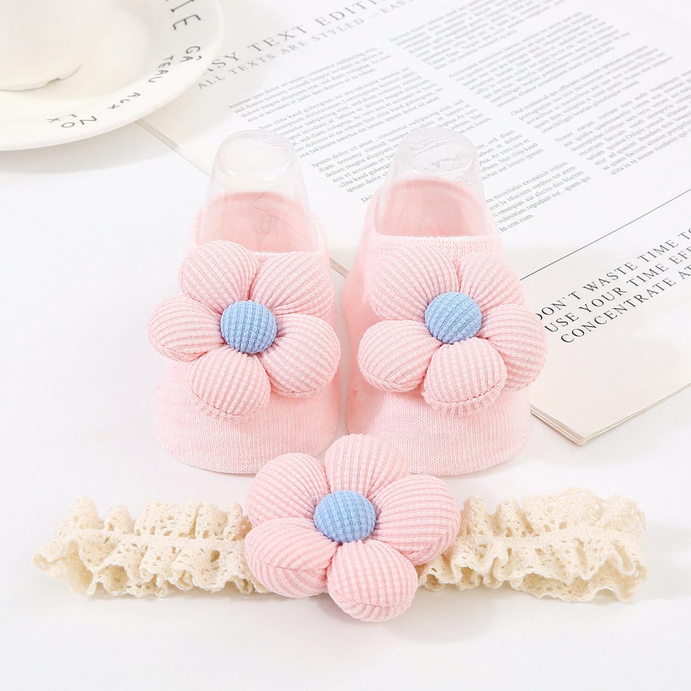 Dispensing non-slip floor socks 0-1 year old flower socks hair band set