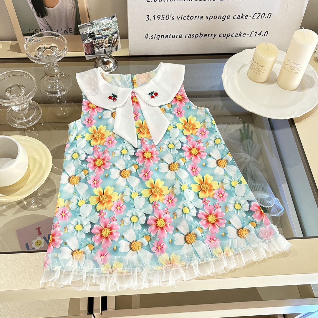Girls Doll Collar Floral Princess Dress