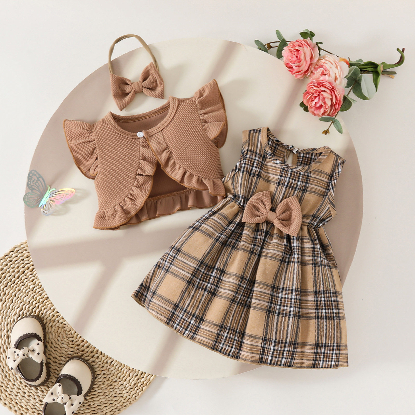 Sleeveless Ruffled Short Coat Top Plaid Bow dress