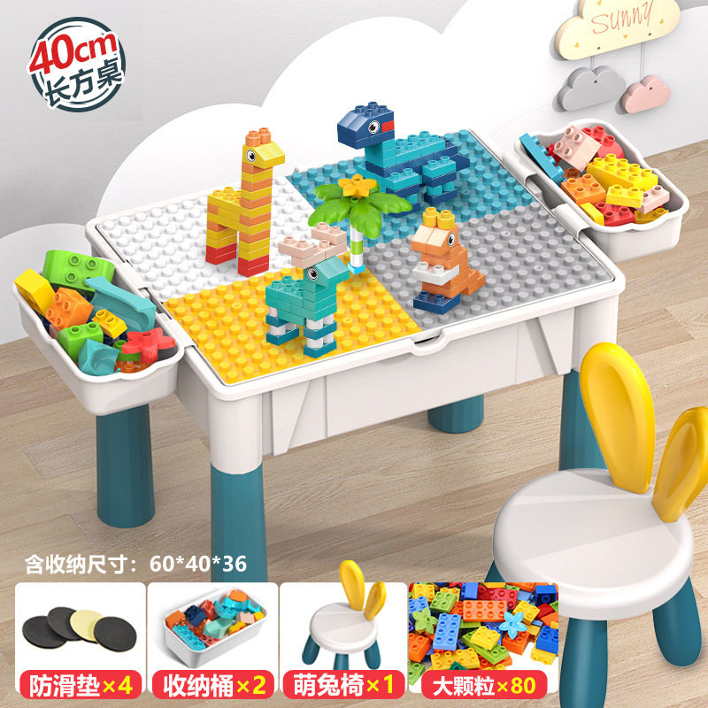 Rectangular table,  2 storage, 80 particles, 1 chair